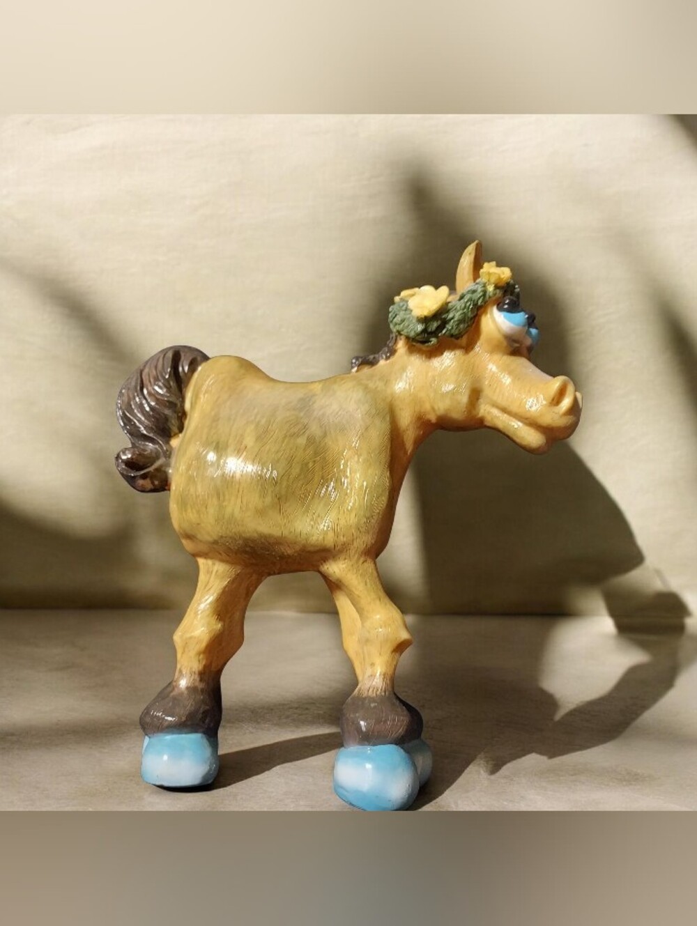 Hand-Painted Yellow Ceramic Horse Figurine with Blue Hooves